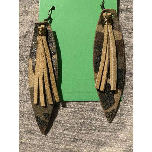 Source Unknown Jewelry - SUEDE CAMO WITH TASSEL LONG FISHHOOK STYLE EARRINGS COUNTRY WESTERN